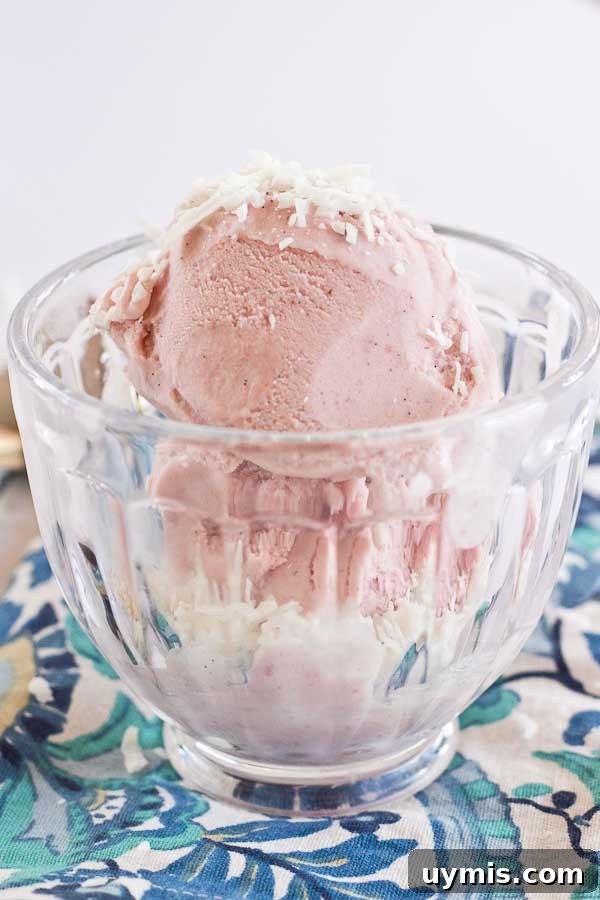 Strawberry Coconut Ice Cream Recipe 3 This Strawberry Coconut Ice Cream is so decadent and lusciously creamy! Grab a bowl of this vegan ice cream made with less refined sugar thanks to the sweetness of fresh strawberries and bananas.