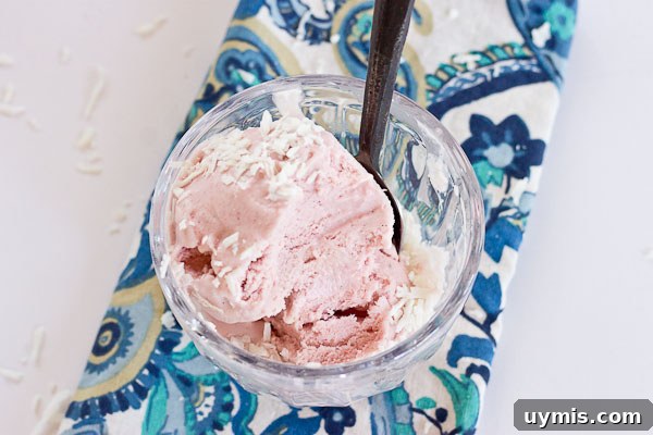 Strawberry Coconut Ice Cream Recipe 4 This Strawberry Coconut Ice Cream is so decadent and lusciously creamy! Grab a bowl of this vegan ice cream made with less refined sugar thanks to the sweetness of fresh strawberries and bananas.