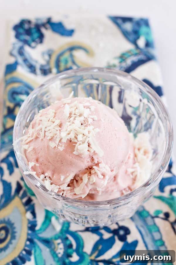 Strawberry Coconut Ice Cream Recipe 7 This Strawberry Coconut Ice Cream is so decadent and lusciously creamy! Grab a bowl of this vegan ice cream made with less refined sugar thanks to the sweetness of fresh strawberries and bananas.