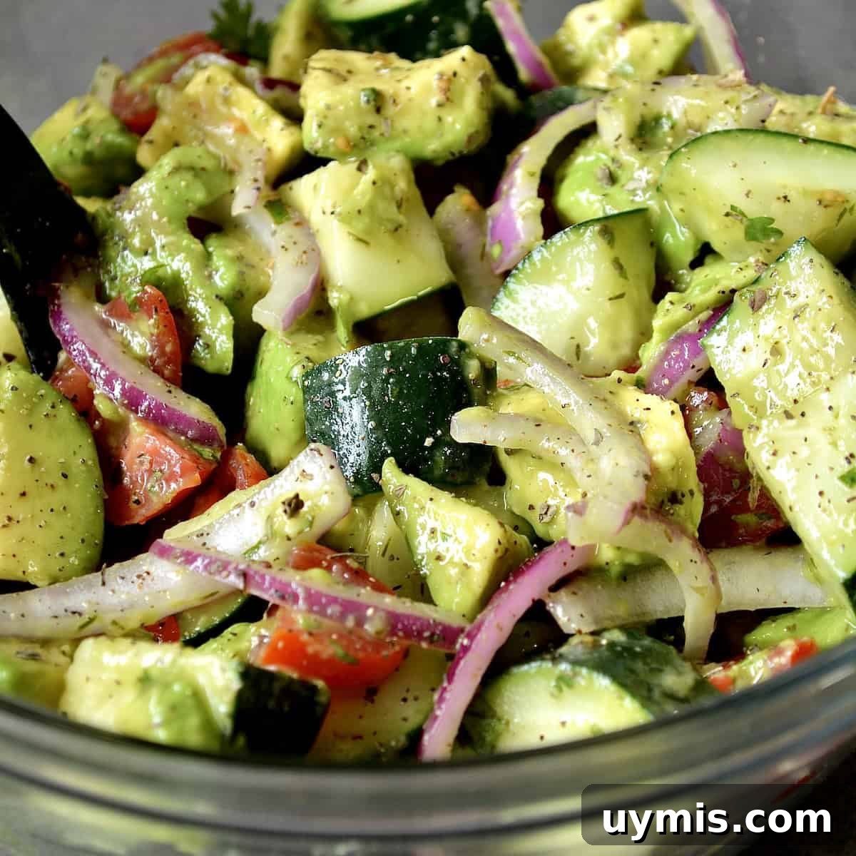 Close up of avocado cucumber salad