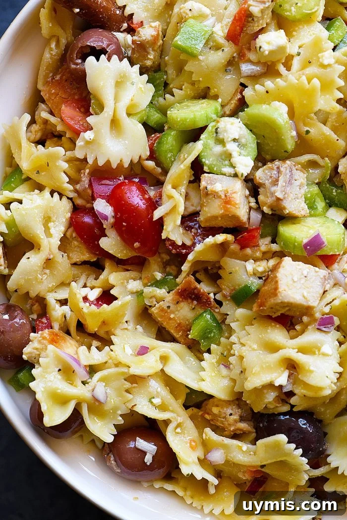 Weekly Meal Plan 132 with 7 Days of Family Dinners 7 Greek Chicken Pasta Salad Recipe - This easy pasta salad recipe is so easy and delicious! Made with grilled chicken, pasta, an assortment of vegetables and topped with feta cheese and a delicious Greek dressing! // addapinch.com