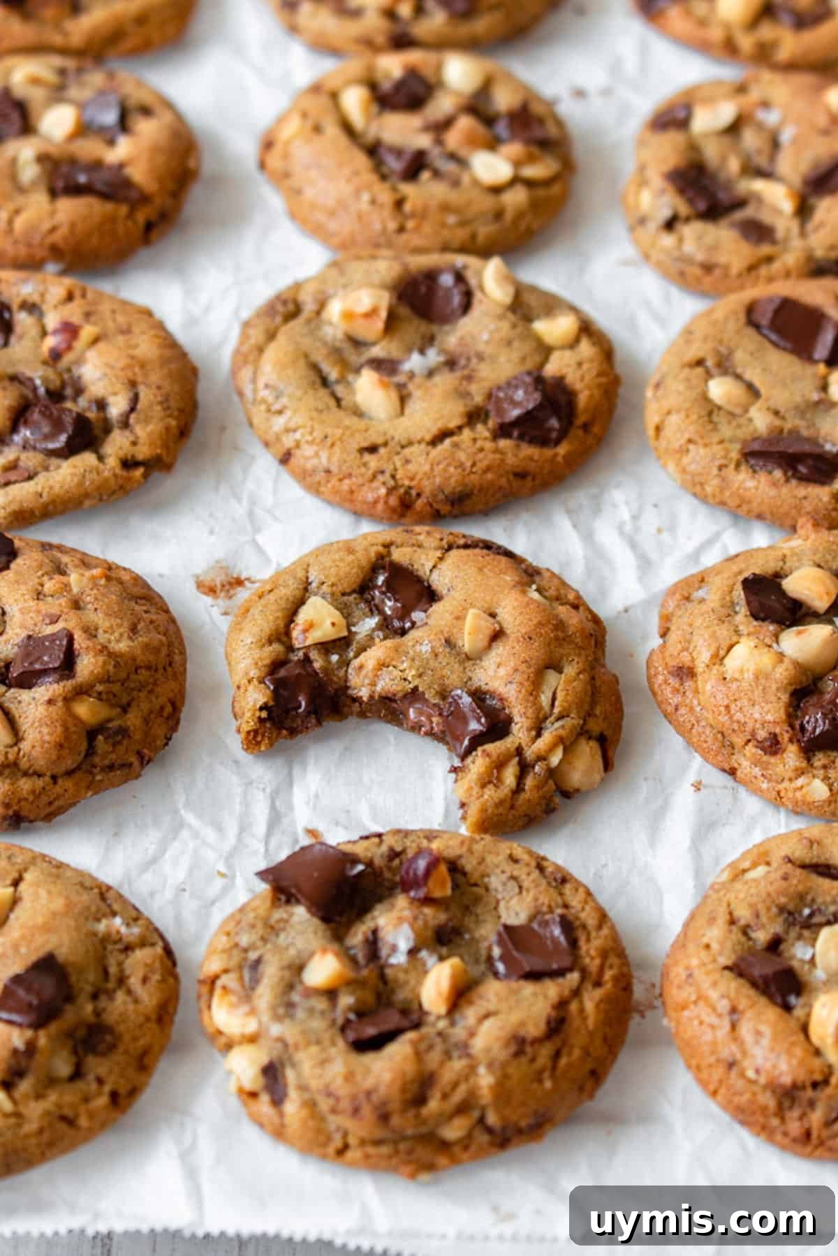 Chewy Brown Butter Chocolate Chip Cookies 6 Brown butter chocolate chip cookies laid out in rows, with one having been bitten.