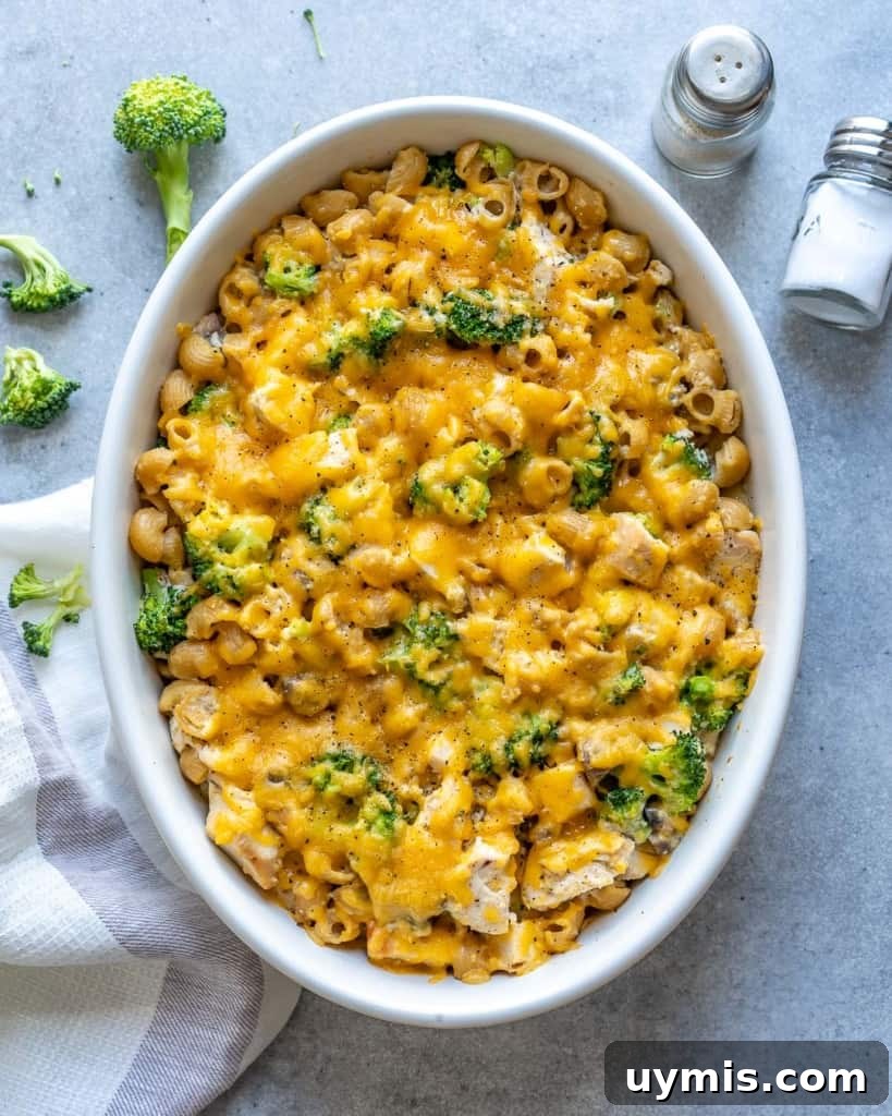 Creamy Broccoli Chicken Pasta Casserole 2 Chicken Pasta Casserole in a white dish.