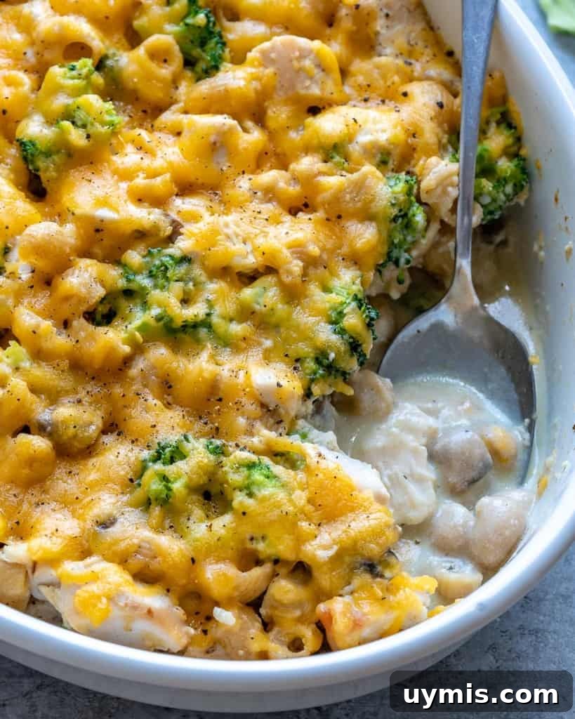 Creamy Broccoli Chicken Pasta Casserole 5 spoon in a dish with pasta bake.