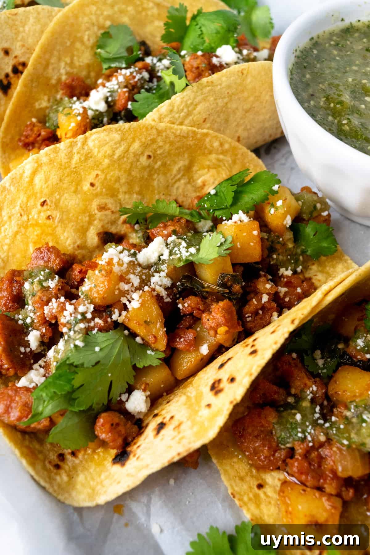 Chorizo Tacos with Salsa Verde Recipe 3 Closeup of Chorizo Tacos with Salsa Verde.