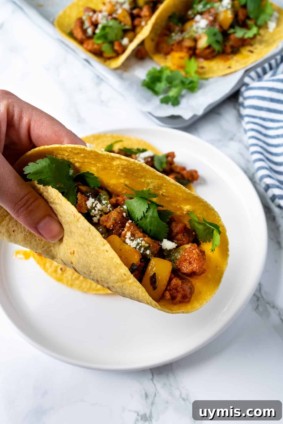 Chorizo Tacos with Salsa Verde Recipe 4 Someone holding a chorizo taco.