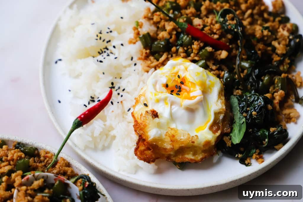 Authentic Thai Basil Chicken Stir-Fry Recipe (Gai Pad Krapow) 3 Thai basil chicken with runny egg, white rice, and red chilies on plate.