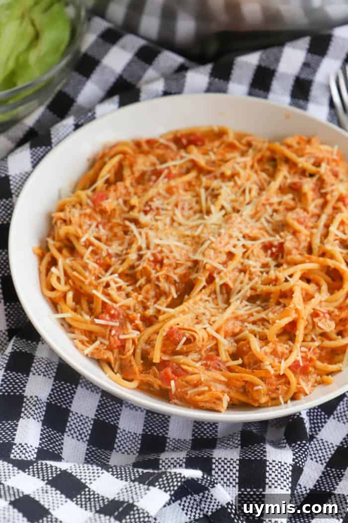 Slow Cooker Creamy Tomato Chicken Spaghetti in a white bowl