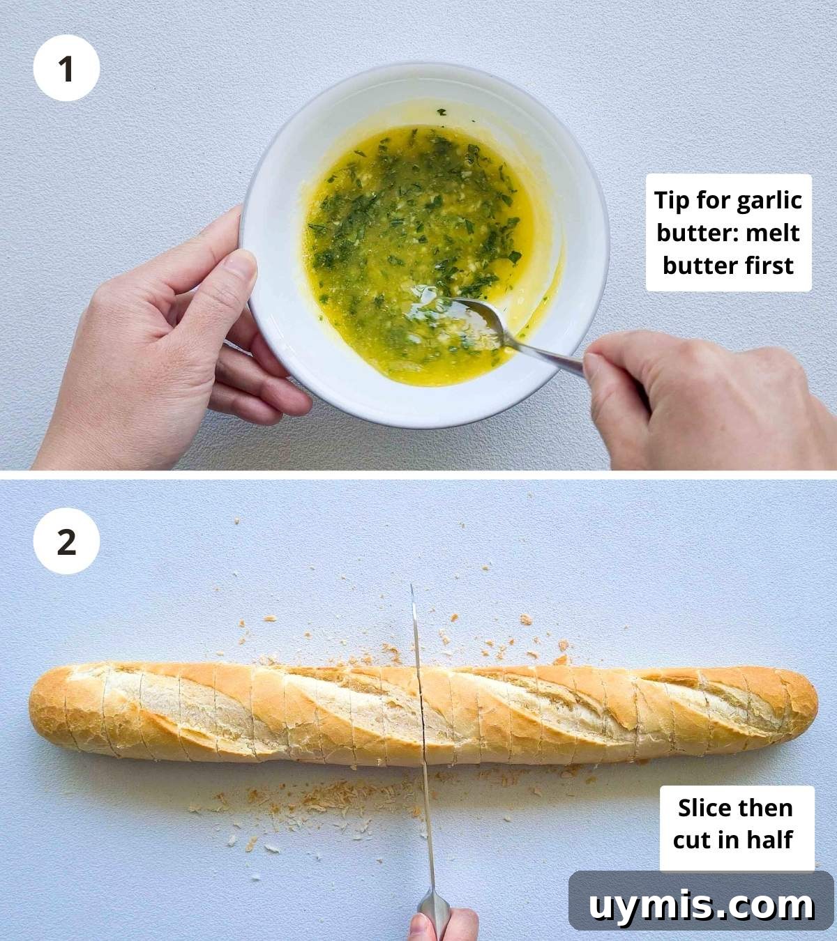 2 step collage of how to make a cheese stuffed garlic bread from start to finish part 1