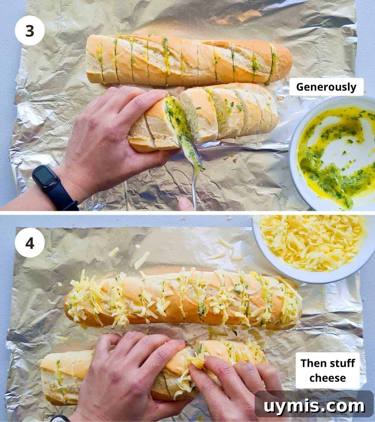 2 step collage of how to make a cheese stuffed garlic bread from start to finish part 2