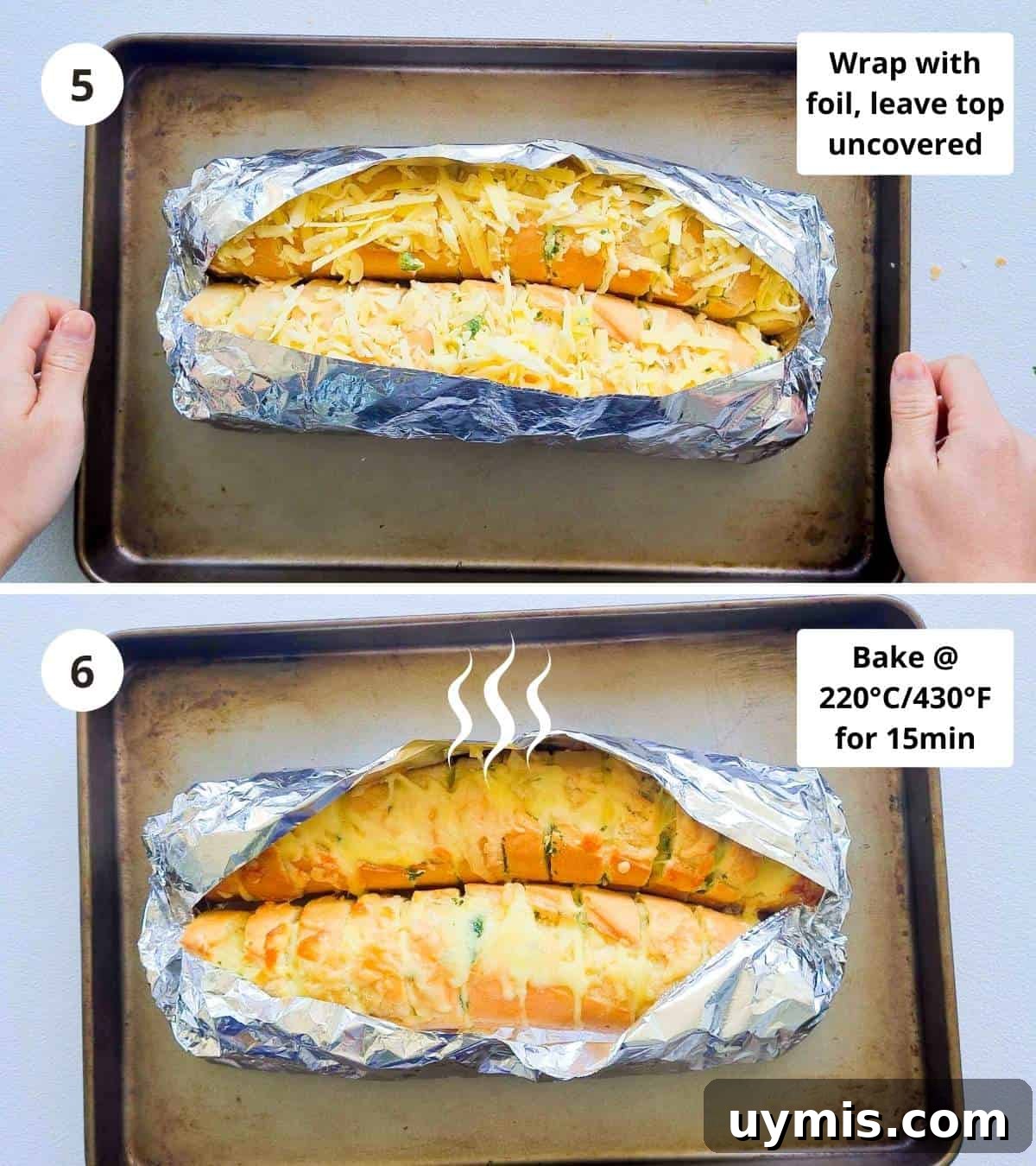 2 step collage of how to make a cheese stuffed garlic bread from start to finish part 3