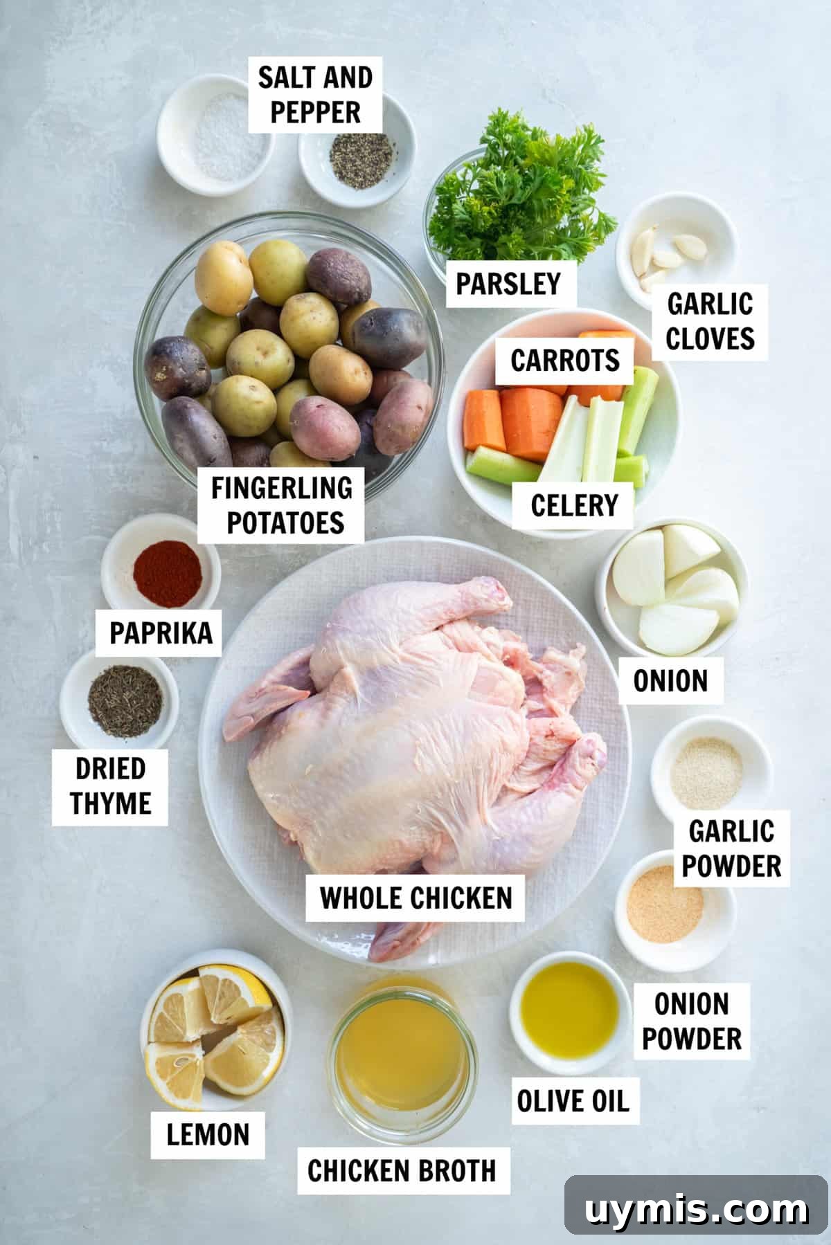Juicy Dutch Oven Whole Chicken Recipe 3 All of the ingredients for dutch oven whole chicken on a white countertop including whole chicken, celery, carrots, lemon, onion, chicken broth, olive oil, finergling potatoes, garlic and spices.