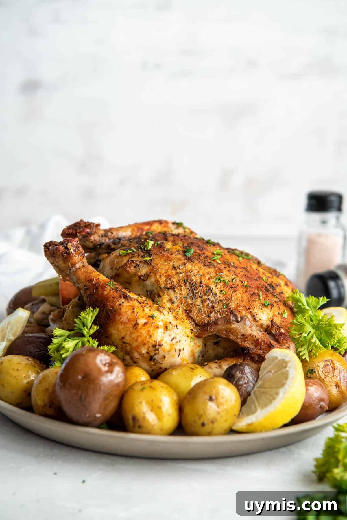 Juicy Dutch Oven Whole Chicken Recipe 6 The roasted whole chicken sitting on a white plate with the cooked potatoes.