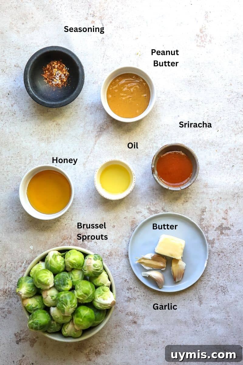 Crispy Honey Sriracha Brussels Sprouts 3 Small bowls with sauces and seasonings for honey sriracha Brussels sprouts.