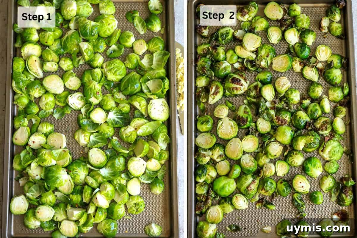Crispy Honey Sriracha Brussels Sprouts 4 Raw and roasted Brussels sprouts on a baking sheet.