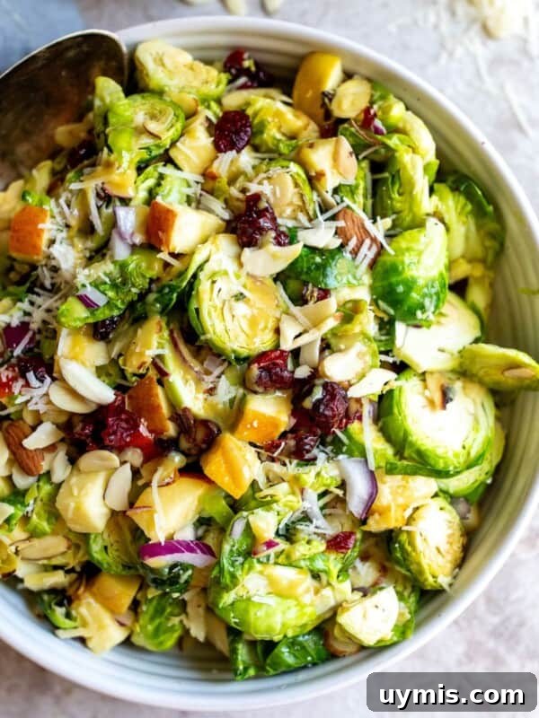 Crispy Honey Sriracha Brussels Sprouts 8 White ceramic bowl with Brussels sprout salad and a silver spoon.