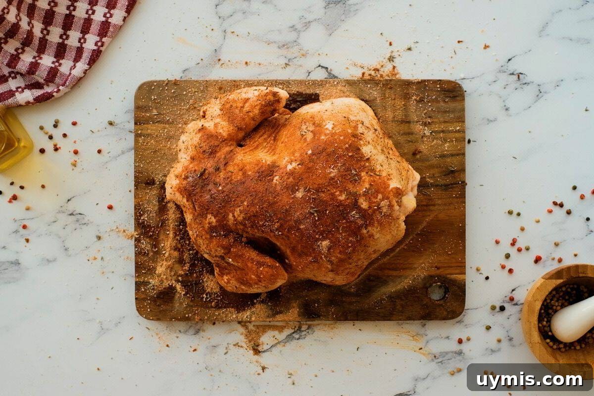 Whole chicken seasoned with rotisserie-style dry rub on a cutting board.