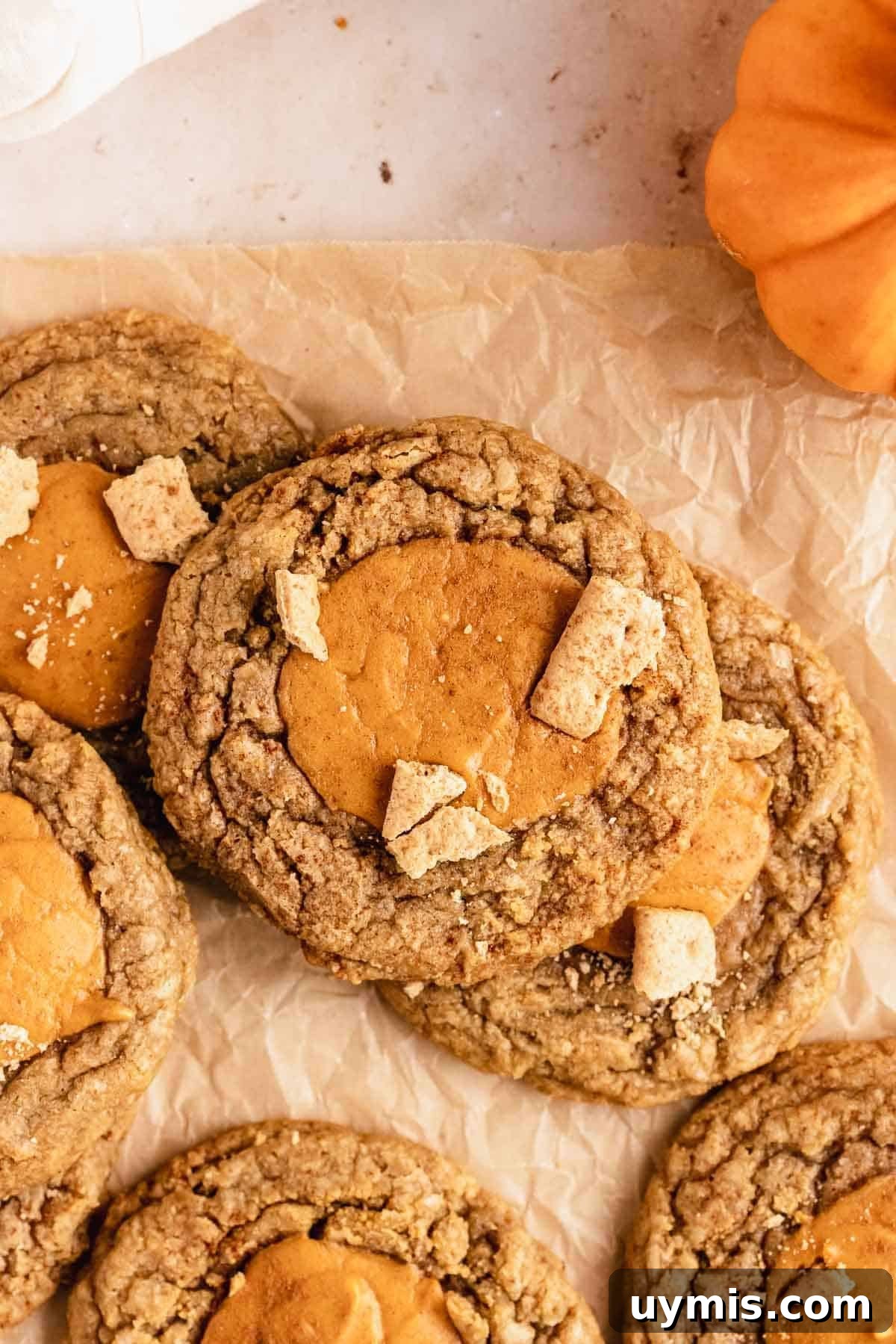 Soft Pumpkin Cheesecake Cookies with Cream Cheese Swirl 12 pumpkin cheesecake cookies on parchment paper with pieces of graham crackers