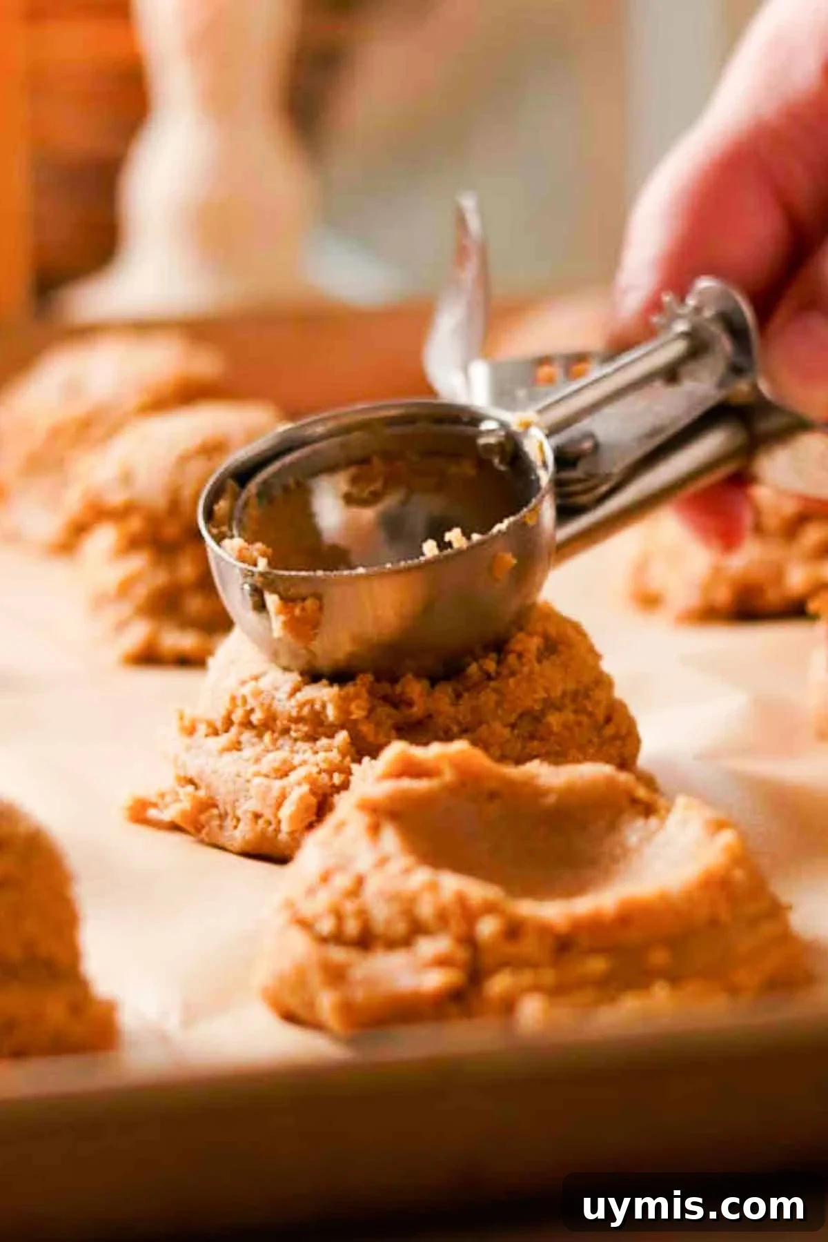 Soft Pumpkin Cheesecake Cookies with Cream Cheese Swirl 8 scooping and pressing down the tops of cookie dough balls with a cookie scoop