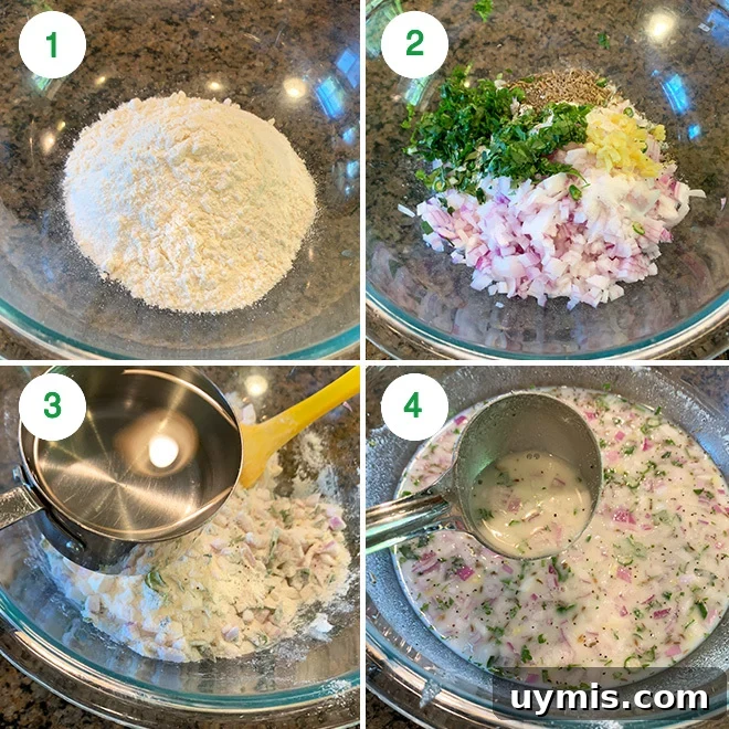 Step-by-step collage showing batter and pouring on skillet