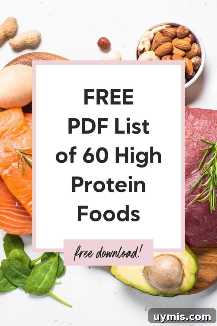 Printable List: 60 High-Protein Foods (Free Download) 4 Graphic with a photos of high protein foods with text over top stating "Free PDF List of 60 High Protein Foods"