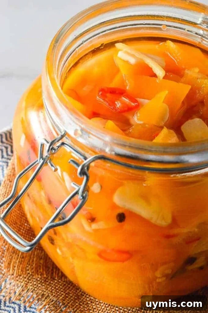Spicy Refrigerator Pumpkin Pickles Recipe 2 View into a glass jar with clear liquid, orange vegetable slices, garlic and red chilis