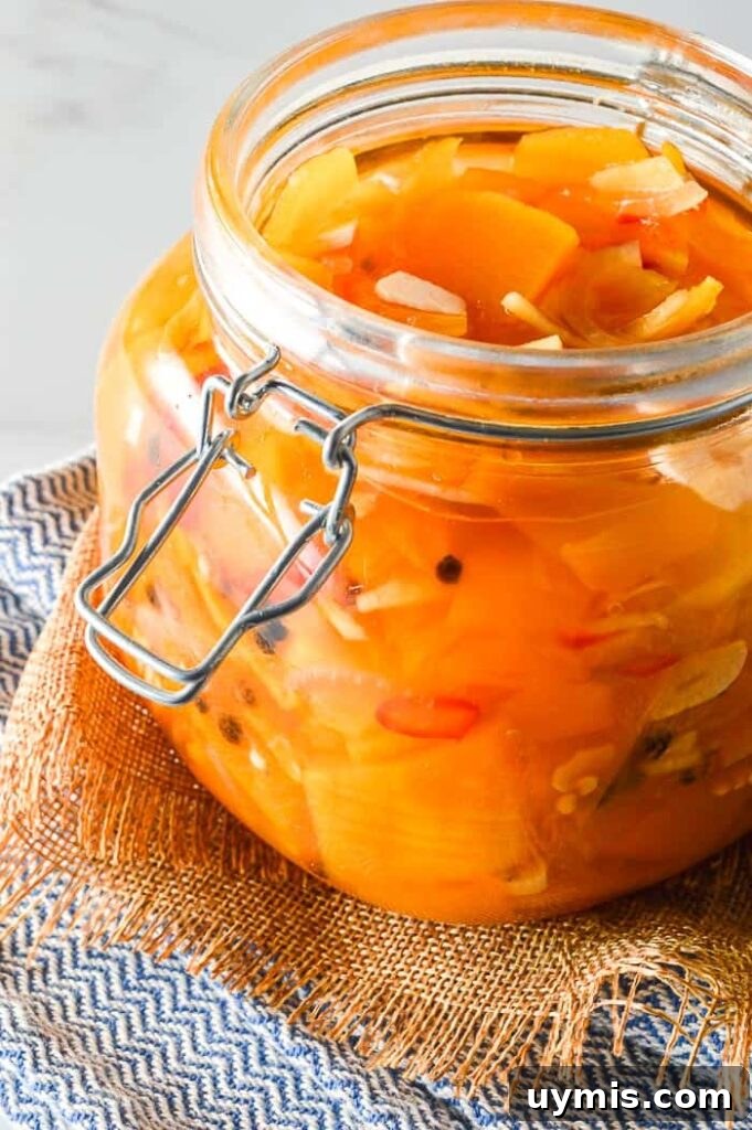 Spicy Refrigerator Pumpkin Pickles Recipe 3 Front view of sliced pumpkin and garlic and red chilis in a glass jar