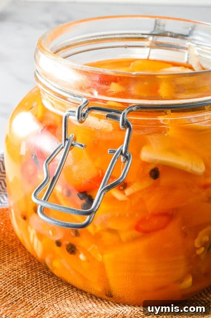 Spicy Refrigerator Pumpkin Pickles Recipe 6 Side view of preserves jar filled with orange vegetables and garlic