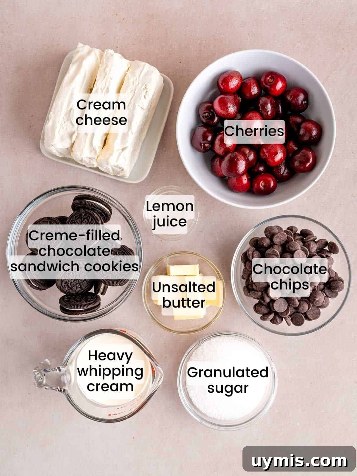 Creamy No-Bake Chocolate Cherry Cheesecake Recipe 3 Ingredients needed to make a no bake chocolate cherry cheesecake with an Oreo crust.