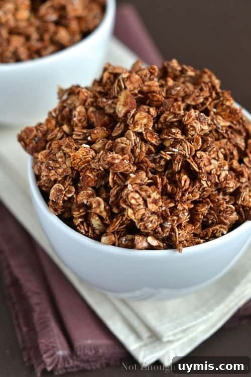 Chocolate Granola with a Secret Ingredient 3 Close-up of homemade Chocolate Granola in a white breakfast bowl