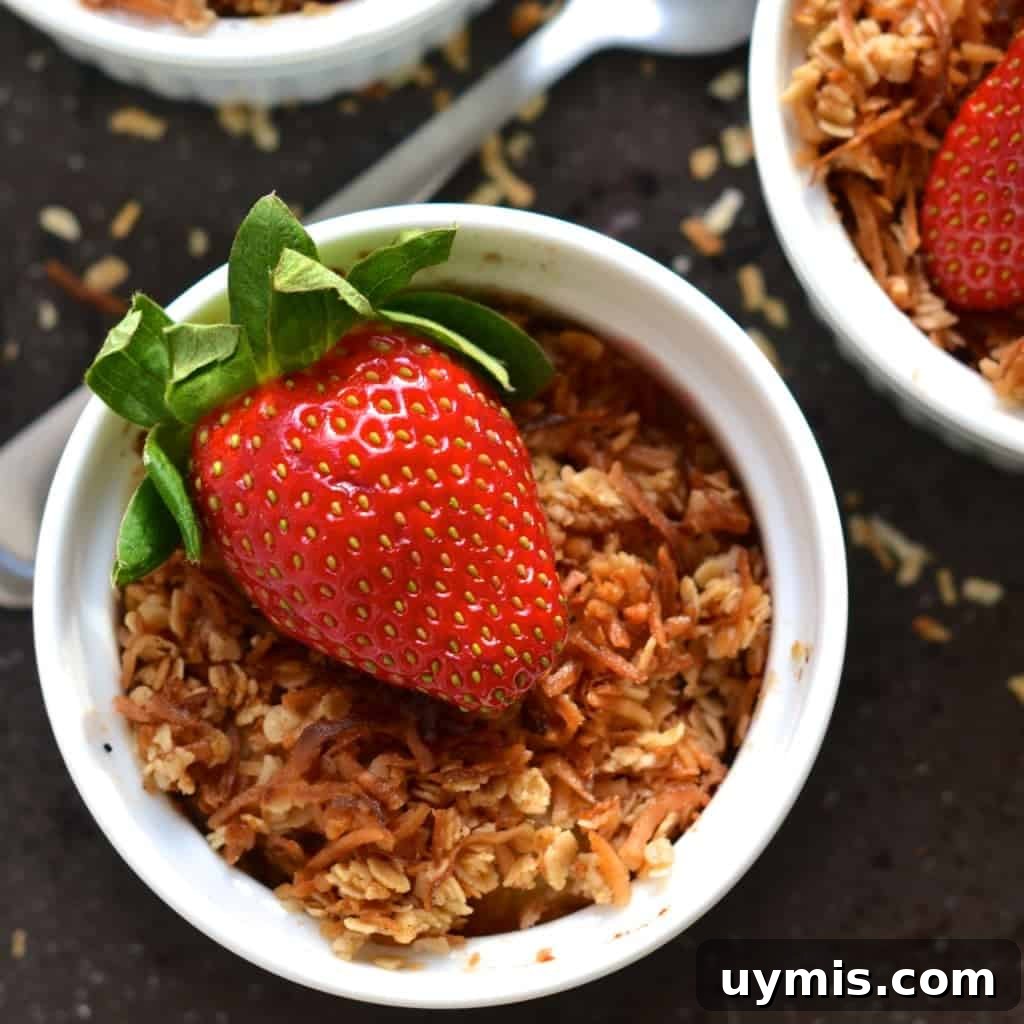 Chocolate Granola with a Secret Ingredient 8 Strawberry, Pineapple and Coconut Crisp served in individual ramekins