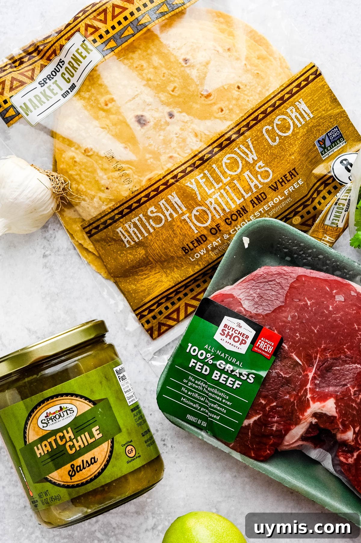 Carne Asada Tacos with Juicy Grilled Steak 3 Yellow corn tortillas, grass-fed steak, salsa verde, garlic and lime.