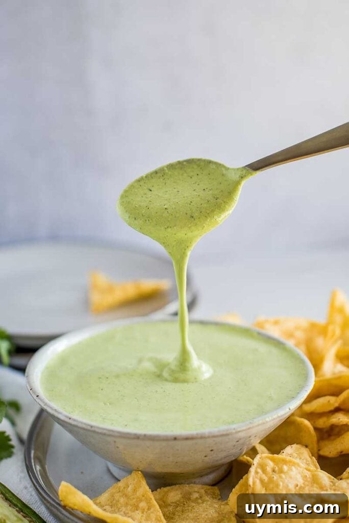 Creamy Jalapeño Sauce Recipe for Tacos, Burgers and Dips 2 Creamy Jalapeno Sauce in a bowl with spoon surrounded by chips