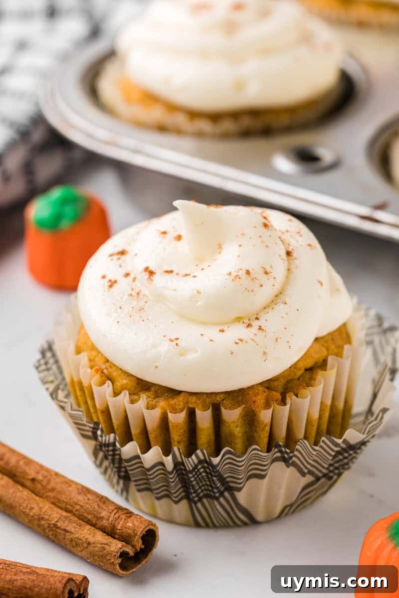 Moist Pumpkin Cupcakes with Cinnamon Cream Cheese Frosting 16 closeup of a finished and decorated pumpkin cupcake.