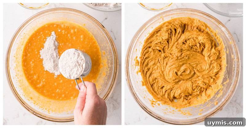 Moist Pumpkin Cupcakes with Cinnamon Cream Cheese Frosting 8 adding in the dry ingredients to the wet ingredients to make the batter.