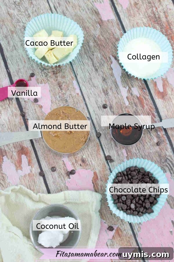 High-Protein Almond Butter Dark Chocolate Cups 3 Multiple ingredients to make chocolate almond butter cups in measuring cups.