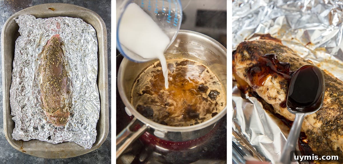 Balsamic Glazed Pork Tenderloin Recipe 4 Three images showing a seasoned pork tenderloin in a foil lined baking dish and balsamic glaze in a saucepan and being spooned over a cooked roasted pork tenderloin.