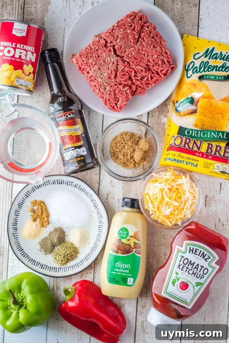 ingredients to make Skillet Sloppy Joe Cornbread Casserole