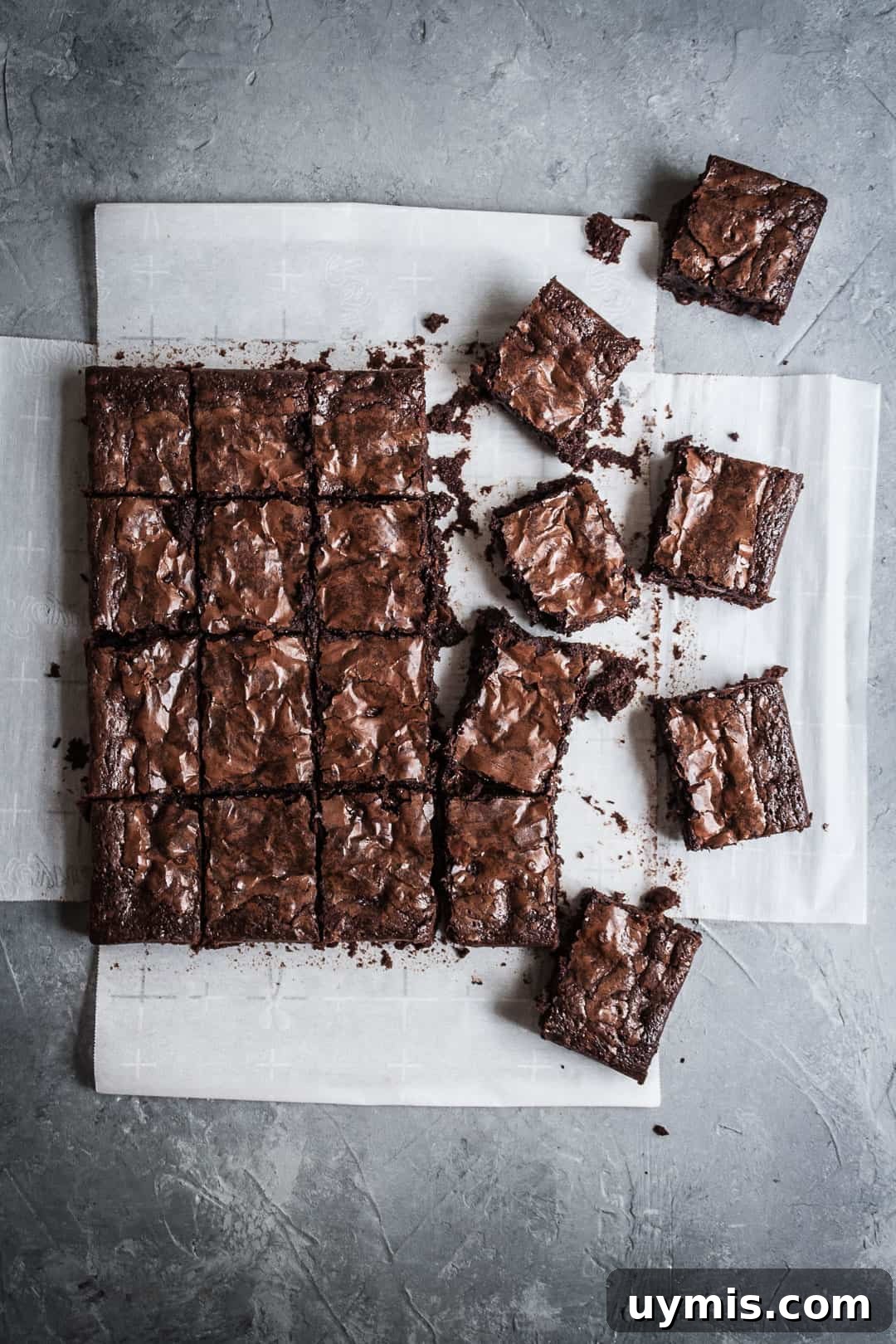 Chocolate Brownies with Port-Soaked Cherries 2 Top view of cut squares of brownies with port soaked cherries