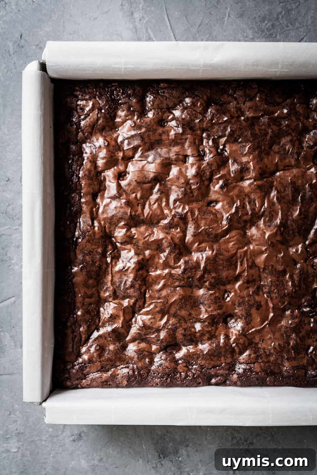 Chocolate Brownies with Port-Soaked Cherries 3 Close up overhead shot of brownies with port soaked cherries in a pan with crackly top on a grey background