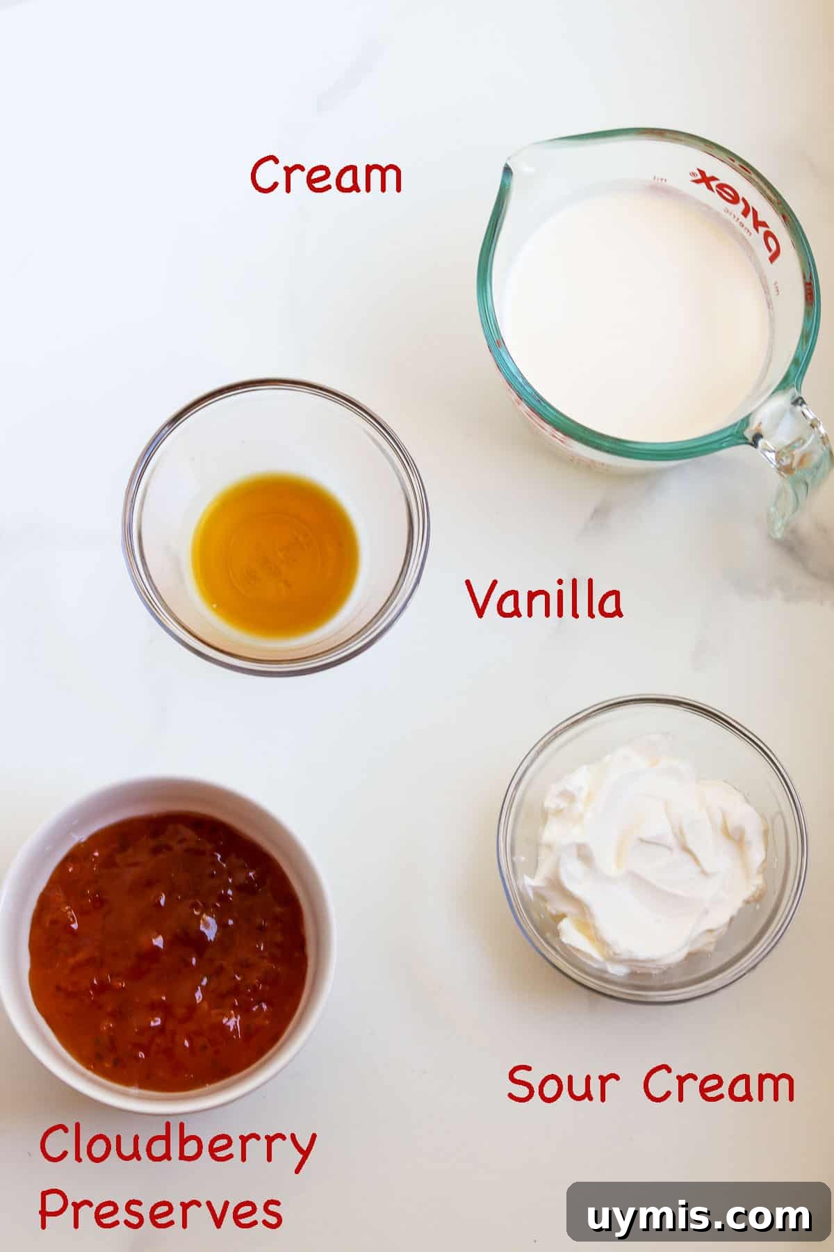 Multekrem: Norwegian Cloudberry Cream Recipe 3 Labeled ingredients for Cloudberry Cream.