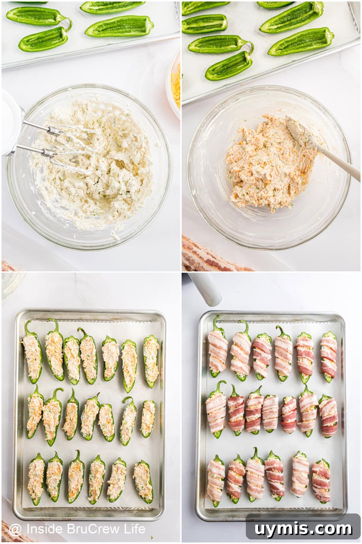 Four pictures collaged together of cheese filling and how to stuff them into jalapeno peppers.