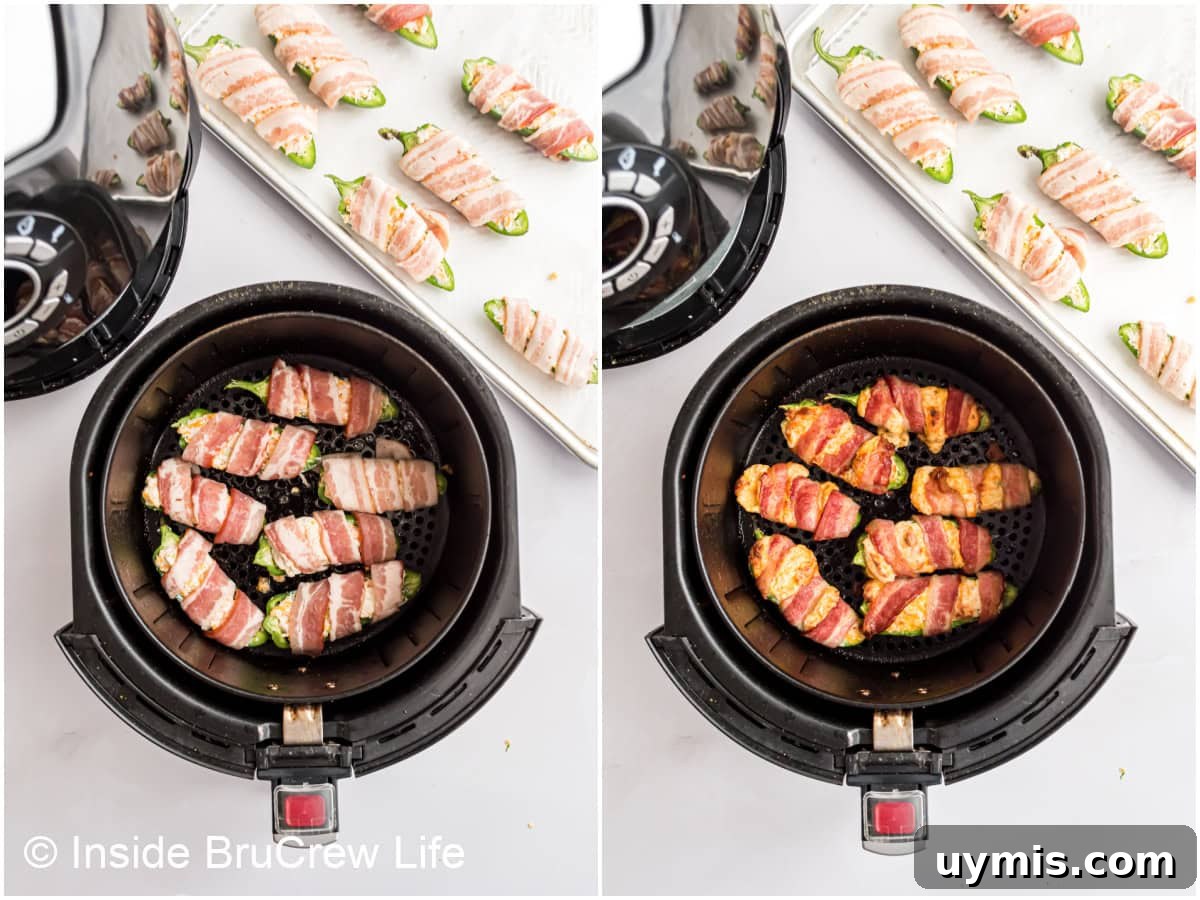 Two pictures collaged together showing how to air fry bacon wrapped jalapenos.