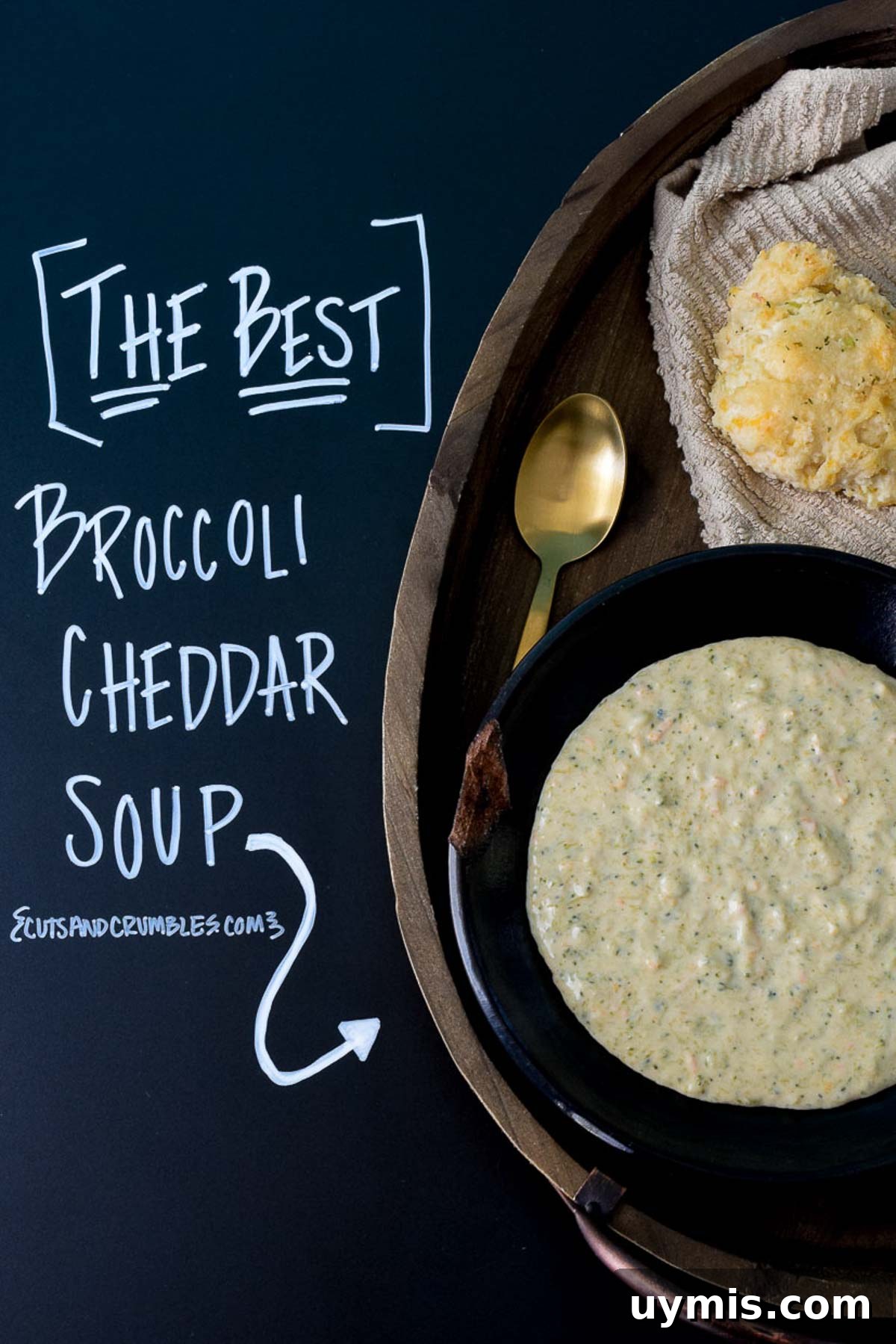 Creamy Homemade Broccoli Cheddar Soup Recipe 2 Broccoli Cheddar Soup served in a black bowl with title written on chalkboard