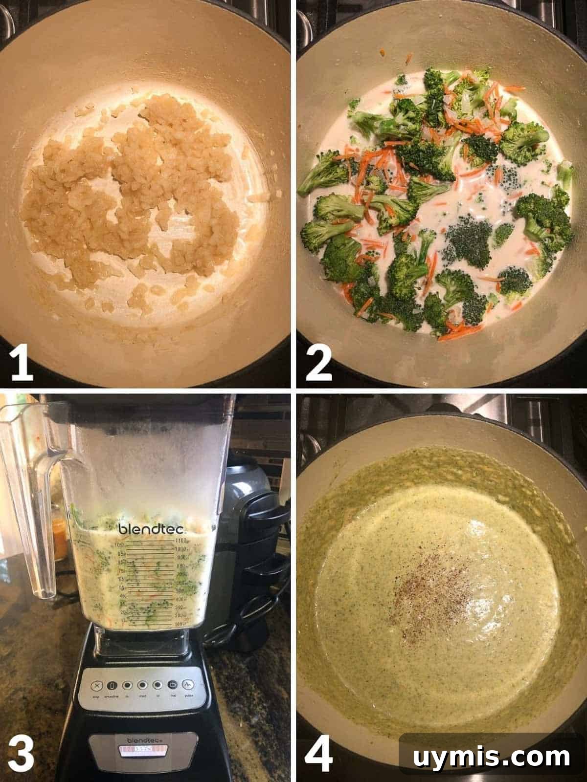 Creamy Homemade Broccoli Cheddar Soup Recipe 5 Collage of 4 images showing how to make broccoli cheddar soup