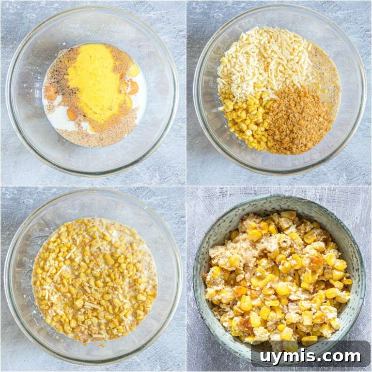 Creamy Scalloped Corn Casserole Recipe 4 image collage showing the steps for making scalloped corn