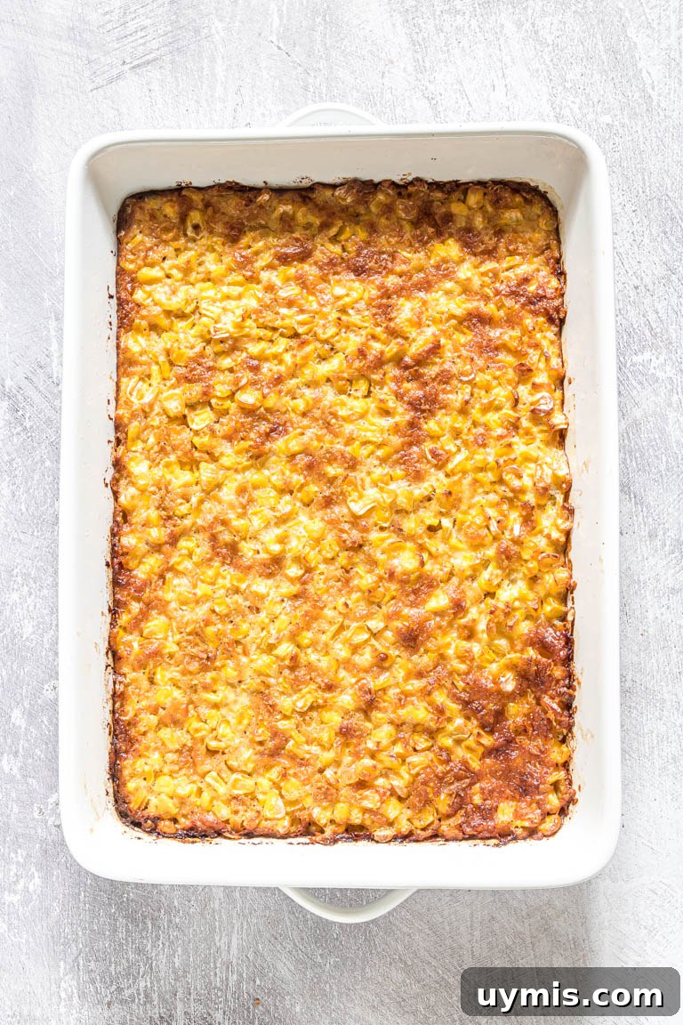 Creamy Scalloped Corn Casserole Recipe 6 top down view of the completed scalloped corn casserole