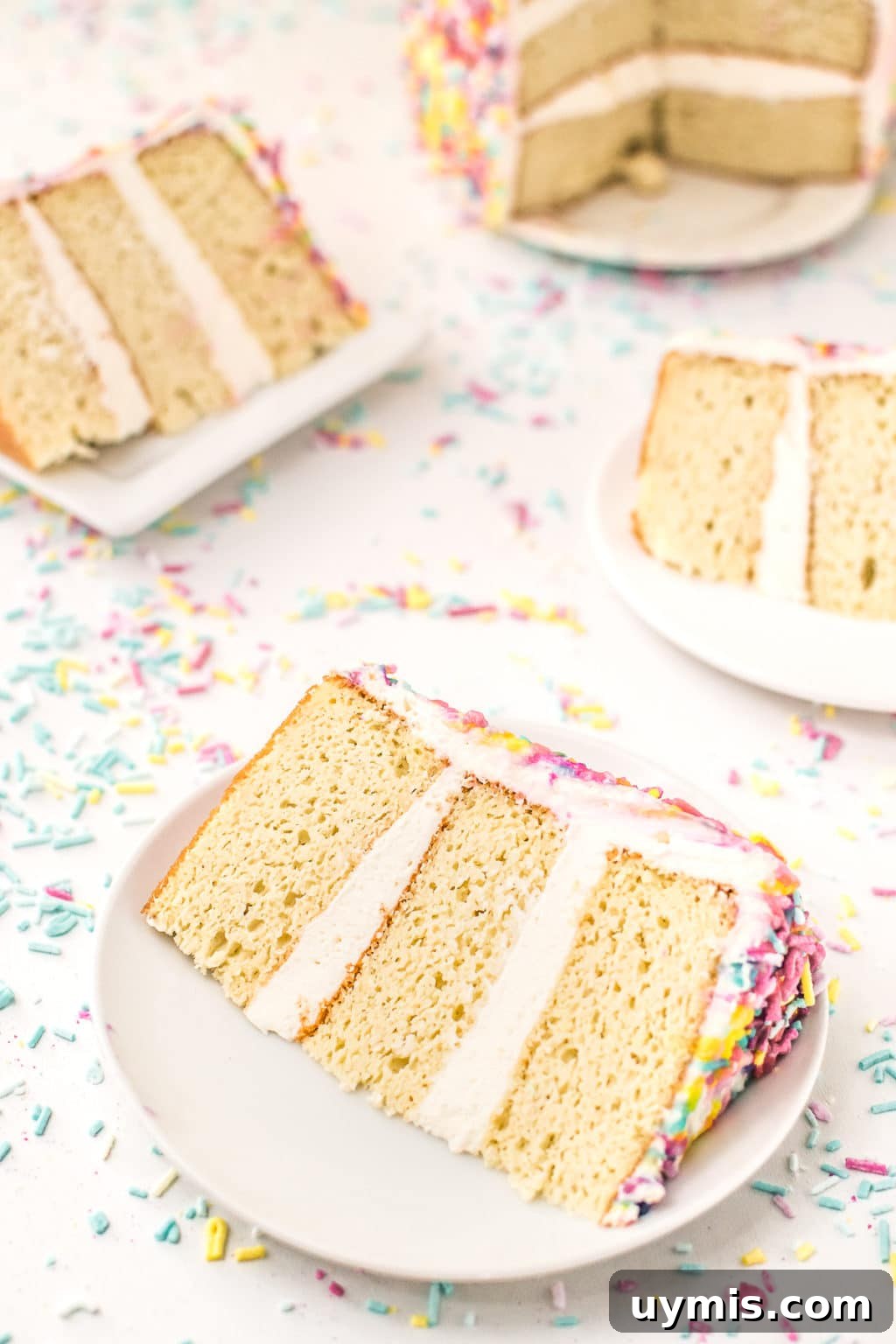 Keto Sugar Free Birthday Cake Everyone Will Love 2 Slices of low carb birthday cake with white icing surrounded by sprinkles.