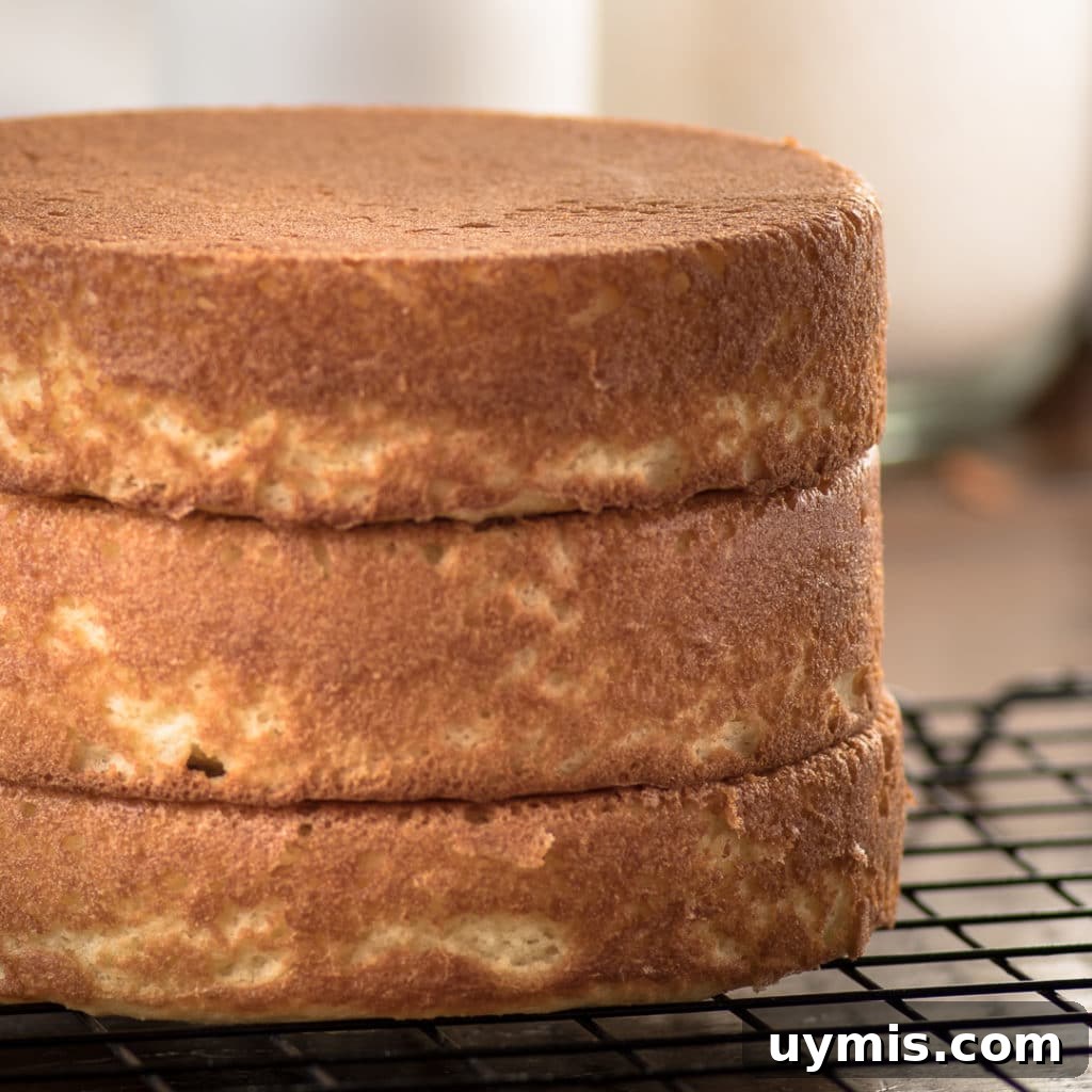 Keto Sugar Free Birthday Cake Everyone Will Love 4 Golden cake layers stacked on a cooling rack three layers high.
