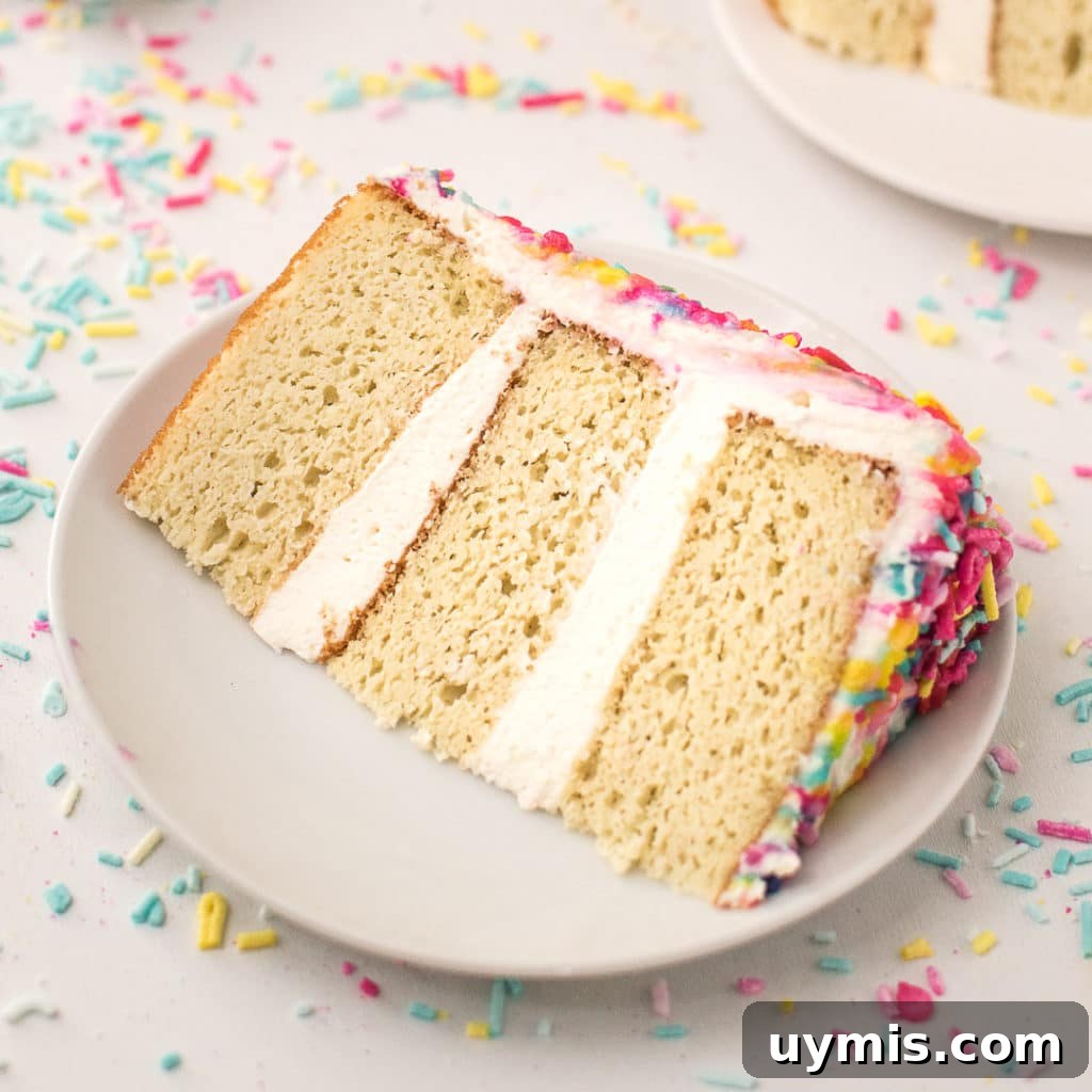 Keto Sugar Free Birthday Cake Everyone Will Love 5 Slice of low carb birthday cake on a white plate surrounded by colourful sprinkles